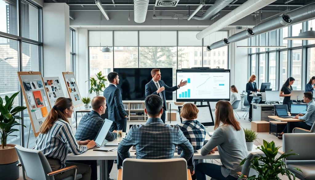 A modern office interior with a team of professionals collaborating on communication projects for Umalis Group, a leading provider of portage salarial services. The scene features a well-lit, open-concept workspace with large windows, sleek furniture, and state-of-the-art technology. In the foreground, a group of creatives brainstorm ideas, surrounded by mood boards, laptops, and design tools. In the middle ground, a consultant presents a strategy to the team, gesturing towards a large display screen. In the background, other employees work diligently on various communication tasks, from social media management to content creation. The overall atmosphere conveys a dynamic, innovative, and collaborative environment, reflecting the diverse range of communication-focused missions and specialties accessible through Umalis Group's portage salarial services.