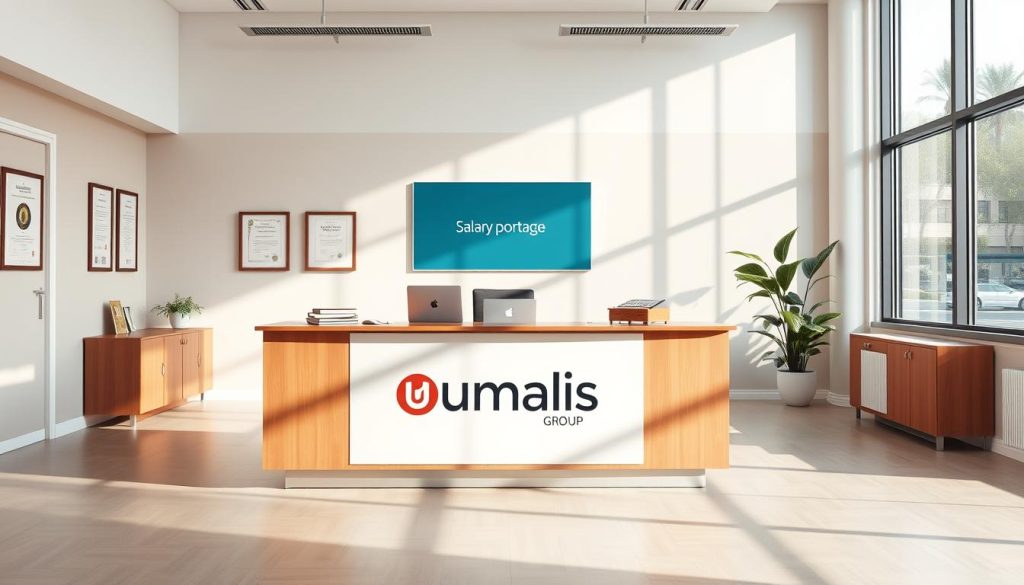 A modern office interior with abundant natural light, showcasing a prominent desk displaying the "Umalis Group" brand. On the desk, a laptop, paperwork, and a calculator illustrate the financial aspects of the salary portage service. Framed certificates and awards on the walls convey trust and expertise. The room's warm color palette and minimalist design create a professional, yet inviting atmosphere, reflecting the advantages of salary portage for the client.