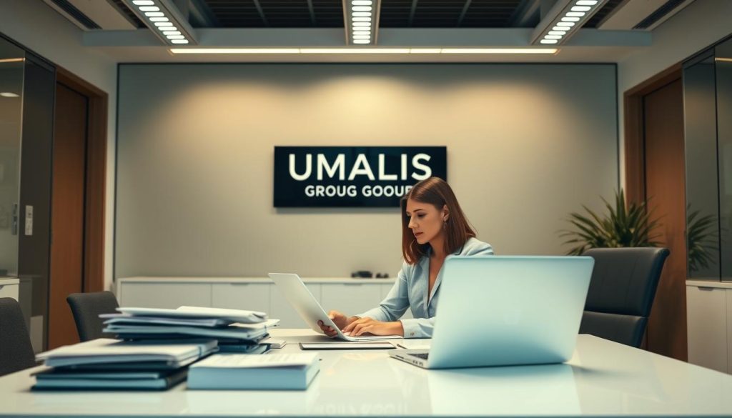A modern office interior with an administrative professional working diligently at a sleek desk, surrounded by neatly organized files and documents. Soft lighting from above illuminates the scene, casting a warm glow and creating a sense of productivity and efficiency. In the background, the UMALIS GROUP logo is prominently displayed, signifying the high-quality administrative support and personalized guidance provided to clients. The overall atmosphere conveys a professional, streamlined, and trustworthy approach to managing the complexities of salaried portage.