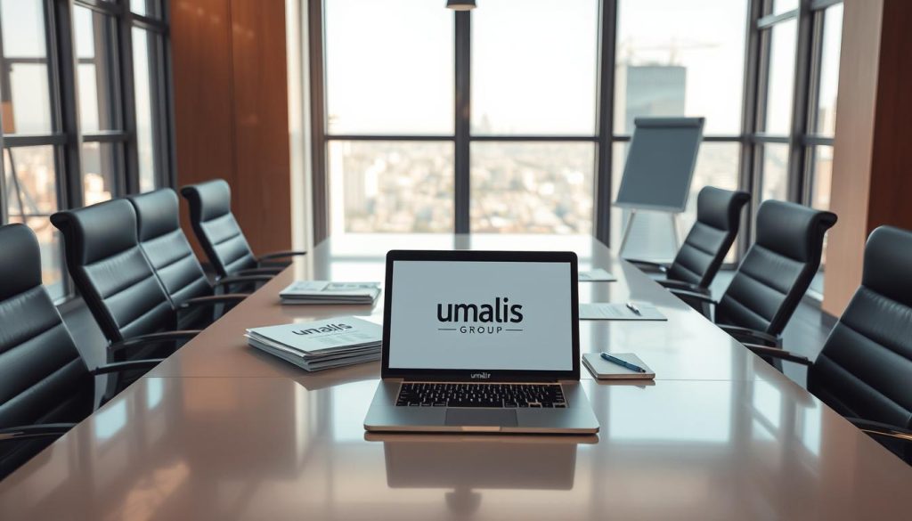 A modern office interior with an elegant meeting table and sleek chairs. On the table, various documents and a laptop display the Umalis Group brand. The room is flooded with warm, natural lighting from large windows, creating a professional yet inviting atmosphere. In the background, a subtle cityscape is visible through the windows, suggesting a thriving urban business environment. The overall scene conveys a sense of sophistication, productivity, and the ideal setting for researching and selecting the perfect portage salarial company.