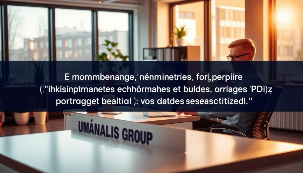 A modern office interior with an employee sitting at a desk, working on a computer. The desk is adorned with the "UMALIS GROUP" brand name, conveying the professional environment. Warm, natural lighting from large windows illuminates the scene, creating a calming and productive atmosphere. In the background, a bookshelf and potted plants add a touch of sophistication. The employee is focused on the task at hand, representing the process of navigating the "démarches Pôle Emploi" system to receive unemployment benefits, as part of the "Indemnités chômage et portage salarial : vos droits sécurisés" article.