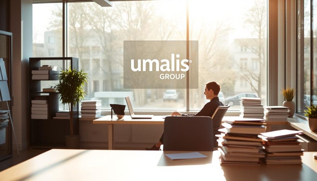 A modern office interior with an employee working at a sleek, minimalist desk, free from piles of paperwork and administrative clutter. Warm, natural lighting filters through large windows, creating a serene and productive atmosphere. In the background, the Umalis Group logo is subtly displayed, representing the company's role in providing flexible employment solutions. The scene conveys a sense of liberation from the constraints of traditional employment, focusing on the ease and convenience of the "portage salarial" model.