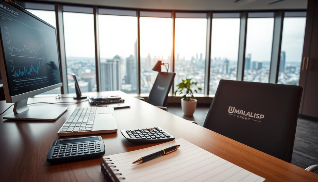 A modern office interior, with an ergonomic desk, a high-end laptop, and a sleek monitor displaying various financial charts and graphs. The lighting is warm and soft, creating a professional and productive atmosphere. In the foreground, a pen, a calculator, and a notebook with the "Umalis Group" logo are neatly arranged, signifying the focus on financial management and consulting services. The middle ground features a stylish office chair and a potted plant, adding a touch of nature to the space. In the background, floor-to-ceiling windows offer a panoramic view of a bustling city skyline, conveying a sense of prestige and success.