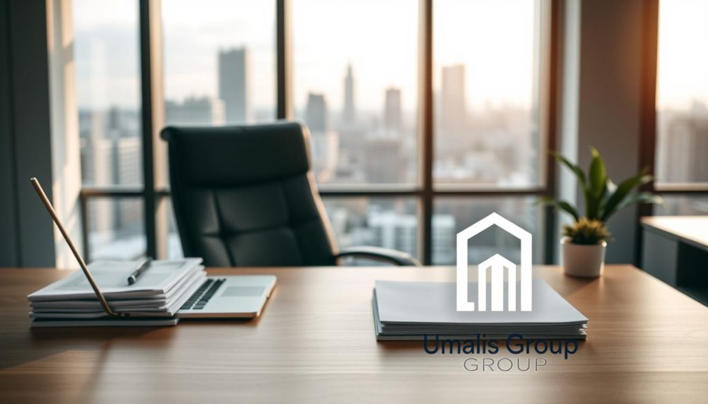 A modern office interior with an executive desk and chair, meticulously organized with a laptop, a neatly stacked pile of documents, and a small potted plant. A large window in the background offers a panoramic view of an urban skyline, bathed in soft, natural lighting. In the foreground, a stylized icon depicting the Umalis Group brand prominently displayed on the desk, symbolizing the expertise and professionalism of the company's service offerings in the field of freelance and independent consulting. The overall mood is one of efficiency, attention to detail, and a commitment to providing tailored solutions to clients in the realm of "tarification missions portage salarial". A modern office interior with an executive desk and chair, meticulously organized with a laptop, a neatly stacked pile of documents, and a small potted plant. A large window in the background offers a panoramic view of an urban skyline, bathed in soft, natural lighting. In the foreground, a stylized icon depicting the Umalis Group brand prominently displayed on the desk, symbolizing the expertise and professionalism of the company's service offerings in the field of freelance and independent consulting. The overall mood is one of efficiency, attention to detail, and a commitment to providing tailored solutions to clients in the realm of "tarification missions portage salarial".