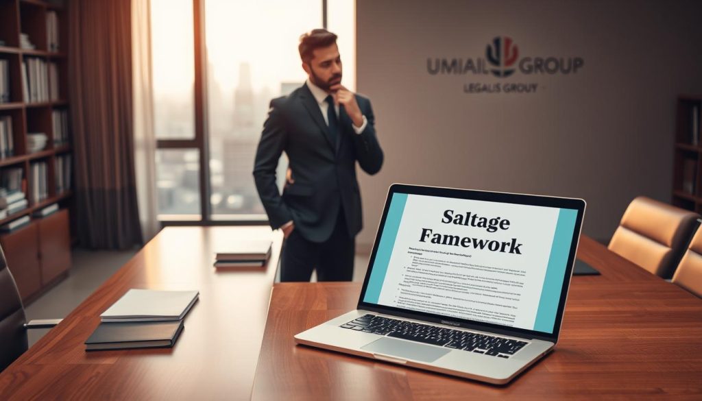 A modern office interior with an imposing wooden desk, neatly organized files, and a large window overlooking a bustling city skyline. On the desk, a sleek laptop displays a legal document titled "Portage Salarial Framework". In the foreground, a professional-looking person in a tailored suit stands, hand on chin, deep in thought. The lighting is soft and warm, creating a contemplative atmosphere. In the background, the Umalis Group logo is discreetly displayed on the wall, signifying the expertise and authority of this legal advisory service.