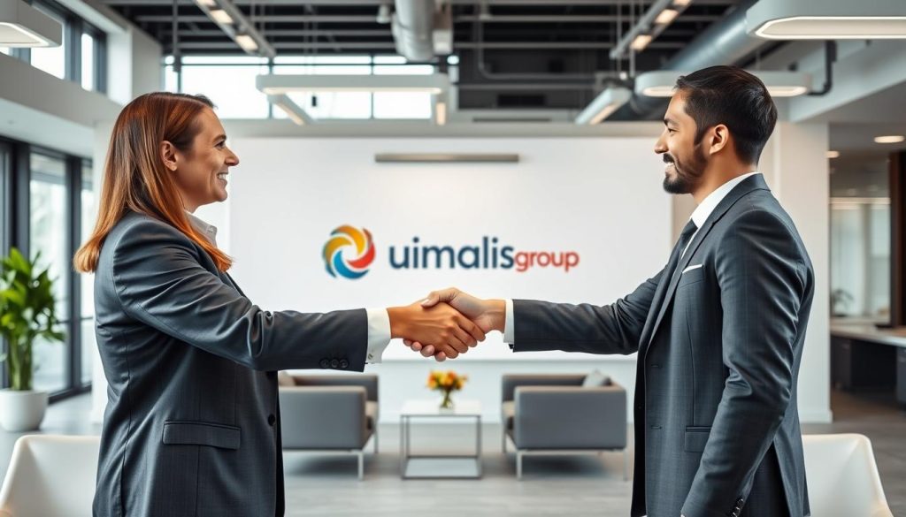 A modern office interior with an open floor plan, natural lighting, and sleek furniture. In the foreground, two professionals shaking hands, representing a strategic partnership. The middle ground features a large whiteboard with diagrams and notes, symbolizing collaboration and planning. In the background, the Umalis Group logo is prominently displayed, indicating the company's involvement in this partnership. The overall atmosphere conveys a sense of professionalism, innovation, and mutual success.