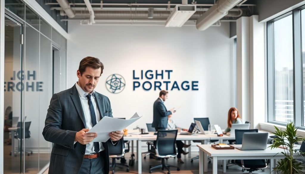 A modern office interior with clean lines and bright, natural lighting. In the foreground, a professional man in a suit is standing at a desk, reviewing documents related to "portage salarial". In the middle ground, other workers are collaborating at their desks, laptops open and papers spread out. In the background, the LIGHT PORTAGE brand logo is prominently displayed on the wall, highlighting the company's role in providing a secure and streamlined freelance employment solution. The scene conveys a sense of efficiency, productivity, and financial security associated with the "portage salarial" concept.