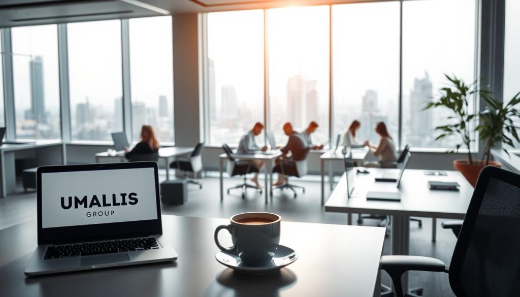 A modern office interior with clean lines and minimalist design. In the foreground, a desk with a laptop, a cup of coffee, and a "UMALIS GROUP" logo visible. Employees seated at desks in the middle ground, collaborating and discussing. Large windows in the background overlooking a bustling city skyline, bathed in soft, natural lighting. The atmosphere conveys a sense of professionalism, efficiency, and innovation - reflecting the concept of "portage salarial" as a flexible, supportive employment model for marketing consultants.