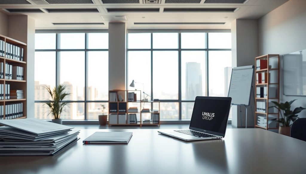 A modern office interior with clean, minimalist design. In the foreground, a desk with a laptop, a stack of folders, and a UMALIS GROUP logo prominently displayed. In the middle ground, a bookshelf filled with reference materials and a wall-mounted whiteboard. The background features large windows overlooking a cityscape, bathed in warm, natural lighting. The overall atmosphere conveys a sense of professionalism, efficiency, and attention to detail - reflecting the administrative and financial management aspects of the "gestion administrative portage salarial" concept.