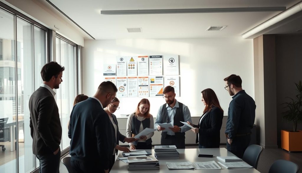 A modern office interior with employees discussing workplace safety regulations. In the foreground, a group of workers gathered around a table, studying documents and safety manuals bearing the Umalis Group logo. Soft, natural lighting filters through large windows, casting a warm glow on the scene. In the middle ground, a wall-mounted display showcases various safety signage and infographics. The background features sleek, minimalist furnishings and a minimalist color palette, conveying a professional, collaborative atmosphere. The overall mood is one of diligence and attention to detail, reflecting the legal obligations and responsibilities surrounding workplace safety in France.