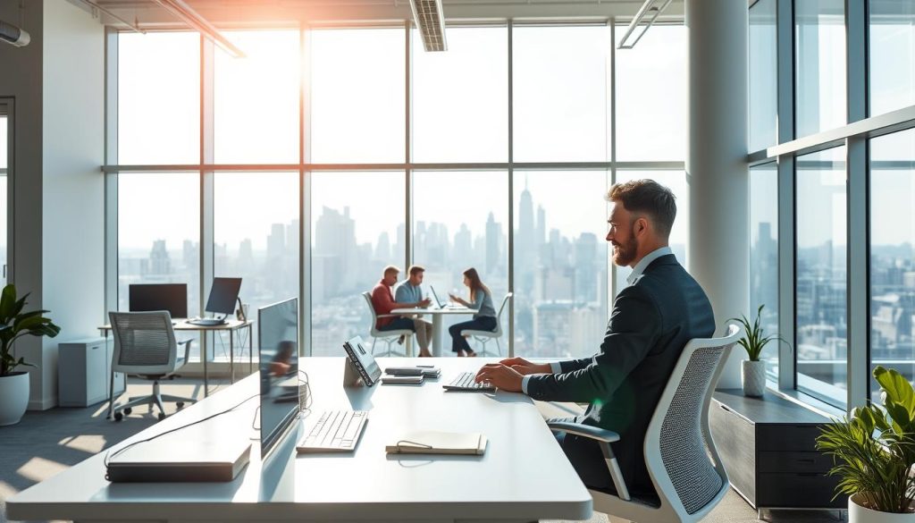 A modern office interior with natural light streaming through large windows, showcasing the LIGHT PORTAGE brand and its flexible salarial portage services. In the foreground, a professional consultant works comfortably at a sleek, minimalist desk, surrounded by smart devices and ergonomic office accessories. The middle ground features coworkers collaborating in an open, collaborative workspace, while the background depicts a panoramic city skyline, symbolizing the freedom and opportunities afforded by LIGHT PORTAGE's salarial portage model. The scene conveys a sense of productivity, innovation, and work-life balance.