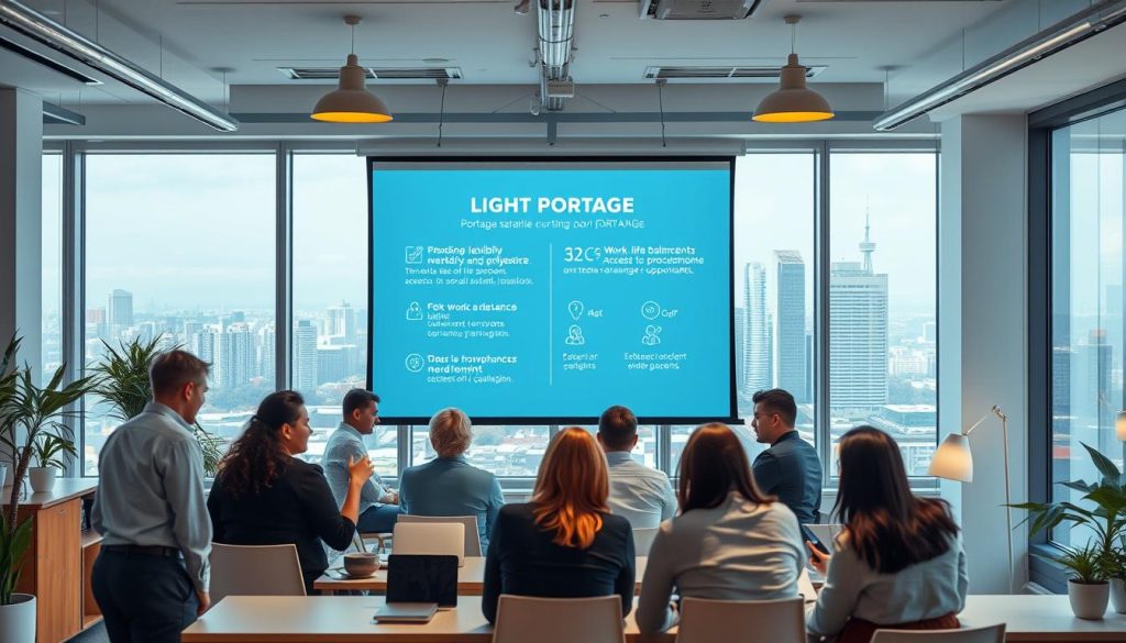 A modern office interior with natural lighting, clean lines, and minimalist decor. In the foreground, a group of office workers are engaged in a collaborative discussion, showcasing the benefits of "LIGHT PORTAGE" portage salarial - their professional flexibility, work-life balance, and access to social security. In the middle ground, a projection screen displays key information about the "LIGHT PORTAGE" services, emphasizing the security and peace of mind it provides. The background features large windows overlooking a vibrant cityscape, symbolizing the expansive opportunities available to independent professionals under the "LIGHT PORTAGE" model.
