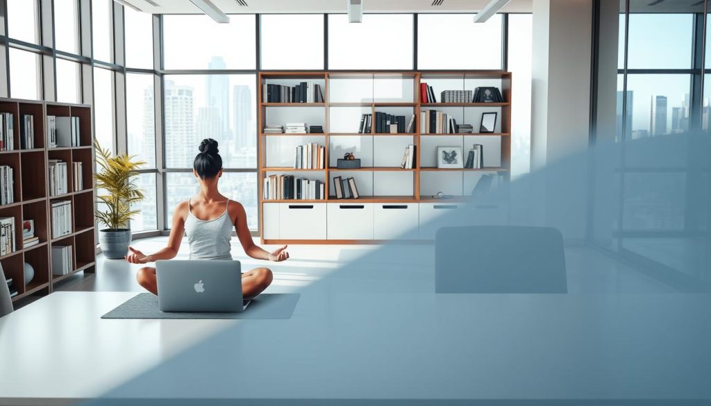 A modern office interior with sleek LIGHT PORTAGE furniture, natural lighting, and a laptop on the desk. In the foreground, a person meditating on a yoga mat, representing work-life balance. In the middle ground, a bookshelf with inspiring books and a family photo, symbolizing the integration of personal and professional lives. The background features a large window overlooking a cityscape, conveying a sense of urban sophistication and connection to the outside world. The mood is serene, focused, and introspective, capturing the essence of managing client expectations and communication.