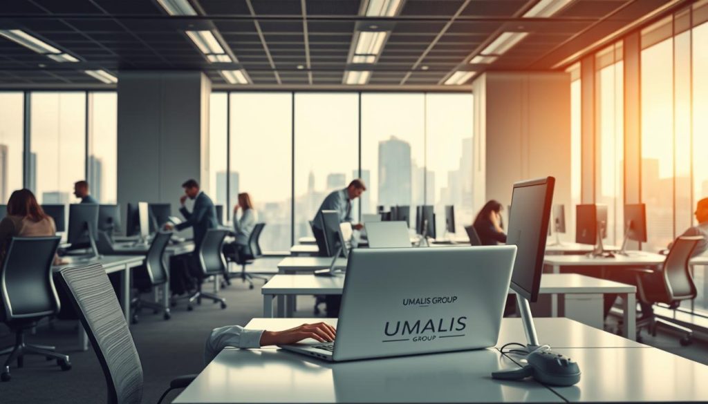 A modern office interior with sleek desks, chairs, and monitors. In the foreground, a person sits at a desk, diligently working on a laptop with the UMALIS GROUP logo visible. The middle ground features several people engaged in administrative tasks, such as filing documents, making phone calls, and consulting reference materials. The background showcases a large window with a city skyline, bathed in warm, natural lighting. The overall atmosphere is one of efficiency, professionalism, and attention to detail, reflecting the challenges and nuances of navigating administrative procedures.