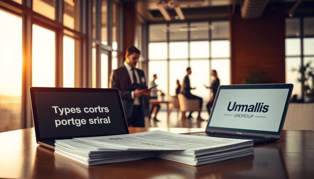 A modern office interior with sleek furniture and large windows, bathed in warm, natural lighting. In the foreground, a stack of contractual documents labeled "Types contrats portage salarial" sits on a polished wooden desk, accompanied by a laptop displaying the Umalis Group brand. In the middle ground, a business professional in a suit reviews the contracts, while in the background, silhouettes of other workers are visible, highlighting the collaborative nature of the portage salarial system. The scene conveys a sense of professionalism, efficiency, and the importance of understanding the various contract types in this career path.