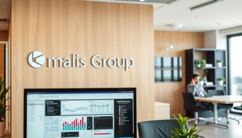 A modern office interior with sleek furniture and minimalist decor. The Umalis Group brand is prominently displayed on the wall, reflecting the administrative and accounting services they provide. In the foreground, a computer screen shows financial reports and spreadsheets, while the middle ground features a professional-looking person working diligently. The background has a warm, neutral color palette, creating a calm and efficient atmosphere. Bright, natural lighting floods the space, highlighting the attention to detail and organization. The overall scene conveys the simplicity and professionalism of Umalis Group's administrative and accounting services for their clients.
