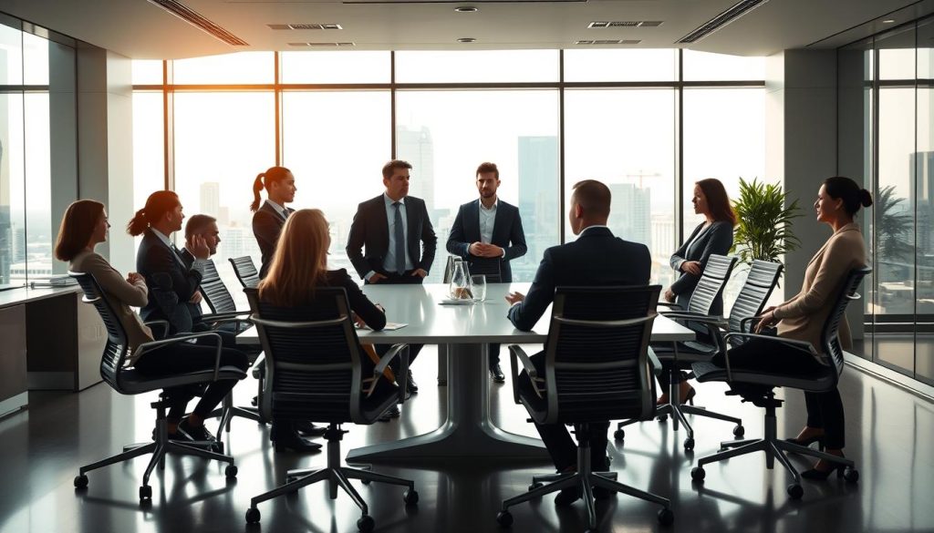 A modern office interior with sleek, minimalist design. In the foreground, a group of smartly dressed business consultants from the Umalis Group engaged in a discussion, their expressions focused and professional. The middle ground features a large conference table surrounded by ergonomic chairs, creating an atmosphere of collaboration. The background showcases floor-to-ceiling windows overlooking a cityscape, bathing the room in warm, natural light. The overall mood is one of efficiency, expertise, and a forward-thinking approach to the evolving world of work, reflecting the implications of labor reform on enterprises and consultants in the portage salarial industry. A modern office interior with sleek, minimalist design. In the foreground, a group of smartly dressed business consultants from the Umalis Group engaged in a discussion, their expressions focused and professional. The middle ground features a large conference table surrounded by ergonomic chairs, creating an atmosphere of collaboration. The background showcases floor-to-ceiling windows overlooking a cityscape, bathing the room in warm, natural light. The overall mood is one of efficiency, expertise, and a forward-thinking approach to the evolving world of work, reflecting the implications of labor reform on enterprises and consultants in the portage salarial industry.