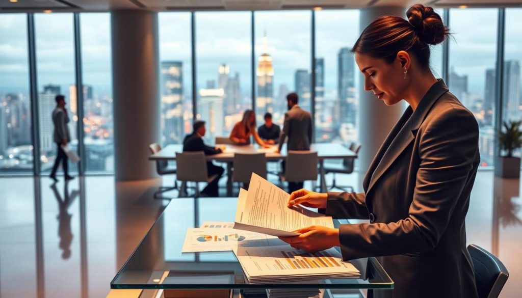 A modern office interior with sleek, minimalist design. In the foreground, a professional businesswoman in a sharp suit reviews financial documents on a glass-topped desk. Soft, indirect lighting casts a warm glow, highlighting her focused expression. In the middle ground, a team of coworkers collaborate around a large conference table, discussing optimization strategies. The background features floor-to-ceiling windows overlooking a vibrant city skyline, symbolizing the global scope of the "portage salarial" workforce management solution. The overall atmosphere conveys an air of efficiency, innovation, and strategic decision-making.