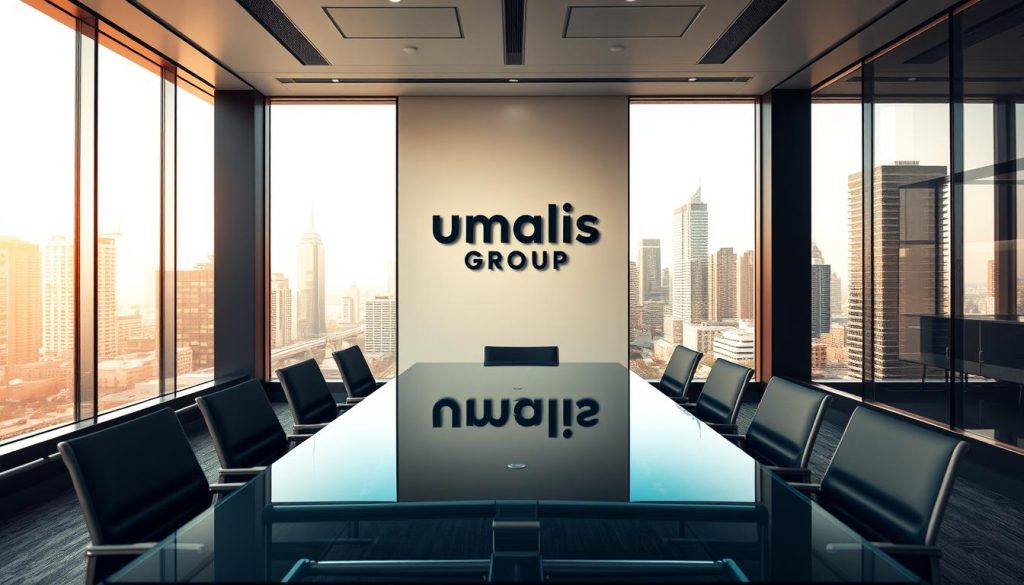 A modern office interior with sleek, minimalist design. The foreground features a large, clear glass conference table with a few chairs around it, suggesting a collaborative work environment. The middle ground showcases the Umalis Group logo prominently displayed on the far wall, with clean and elegant typography. The background depicts floor-to-ceiling windows overlooking a vibrant city skyline, bathed in warm, natural lighting. The overall atmosphere conveys a sense of professionalism, efficiency, and the advantages and disadvantages of running an enterprise in an urban setting. A modern office interior with sleek, minimalist design. The foreground features a large, clear glass conference table with a few chairs around it, suggesting a collaborative work environment. The middle ground showcases the Umalis Group logo prominently displayed on the far wall, with clean and elegant typography. The background depicts floor-to-ceiling windows overlooking a vibrant city skyline, bathed in warm, natural lighting. The overall atmosphere conveys a sense of professionalism, efficiency, and the advantages and disadvantages of running an enterprise in an urban setting.