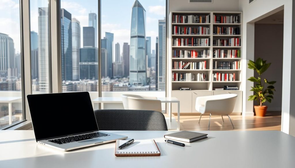 A modern office interior with sleek, minimalist furniture and a large window overlooking a cityscape. In the foreground, a laptop, pen, and notebook rest on a clean white desk, representing the tools of a freelance professional. The middle ground features a bookshelf filled with business and finance-related books, hinting at the complexities of managing one's own finances. The background showcases the urban landscape, with skyscrapers and a vibrant, bustling city life visible through the window, conveying the broader context of the "Portage Salarial" solution. The lighting is soft and natural, creating a calm, professional atmosphere. The overall scene captures the essence of the "常见问题与解决方案" section, visually depicting the challenges and solutions faced by freelance professionals in France.