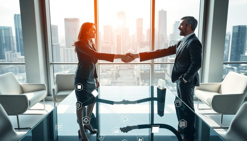 A modern office interior with sleek, minimalist furniture and natural lighting pouring in through large windows. In the foreground, a businesswoman and businessman shake hands across a glass table, symbolizing the tripartite contractual relationship of a portage salarial agreement. The middle ground features abstract geometric shapes and icons representing the financial and legal aspects of the arrangement. The background showcases a skyline of skyscrapers, hinting at the corporate setting. The overall atmosphere conveys a sense of professionalism, collaboration, and the intricate legal and financial considerations of the portage salarial framework.