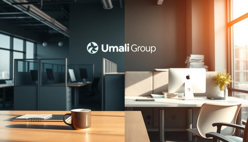 A modern office interior with two contrasting workspaces side by side. In the foreground, a minimalist freelance setup with a laptop, notepad, and a mug of coffee on a clean desk. In the background, a traditional corporate cubicle with dividers, desktop computer, and an overflowing in-tray. The freelance area is bathed in warm natural light, while the corporate space is dimly lit, creating a visual distinction. The mood is one of focus and productivity, subtly highlighting the differences between the "portage salarial" and "freelancing classique" approaches. The Umalis Group logo is prominently displayed on the wall, reinforcing the professional nature of the subject matter.