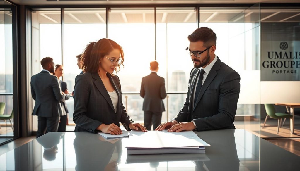 A modern office scene depicting a diverse group of professionals engaged in a discussion about "portage salarial." In the foreground, two business people, a woman in a tailored blazer and a man in a sharp suit, are reviewing documents on a sleek table. The middle layer features a large glass window with city skyline views, allowing natural light to flood the space, creating an uplifting atmosphere. In the background, a modern workspace with subtle branding of "UMALIS GROUP" visible on a glass wall. The lighting is bright and inviting, capturing a collaborative and dynamic environment. The image should evoke professionalism, clarity, and relevance to the topic of company client engagement in portage salarial. No text, watermarks, or additional elements.