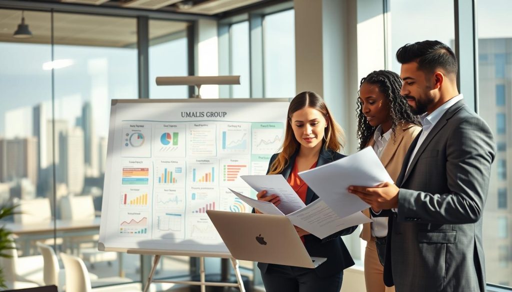 A modern office scene depicting a diverse group of professionals engaged in a lively discussion about optimizing wages in the context of salary portage. In the foreground, two businesspeople, a woman in a tailored suit and a man in a smart blazer, are reviewing documents and graphs on a sleek laptop. In the middle ground, a large whiteboard filled with colorful charts and notes illustrating strategies for effective salary management. The background features a well-lit office with large windows showcasing a city skyline, creating a vibrant and inspiring atmosphere. Soft, natural lighting enhances the professionalism of the setting. The brand "UMALIS GROUP" can be subtly incorporated on a poster in the background, elevating the context without overwhelming the image.