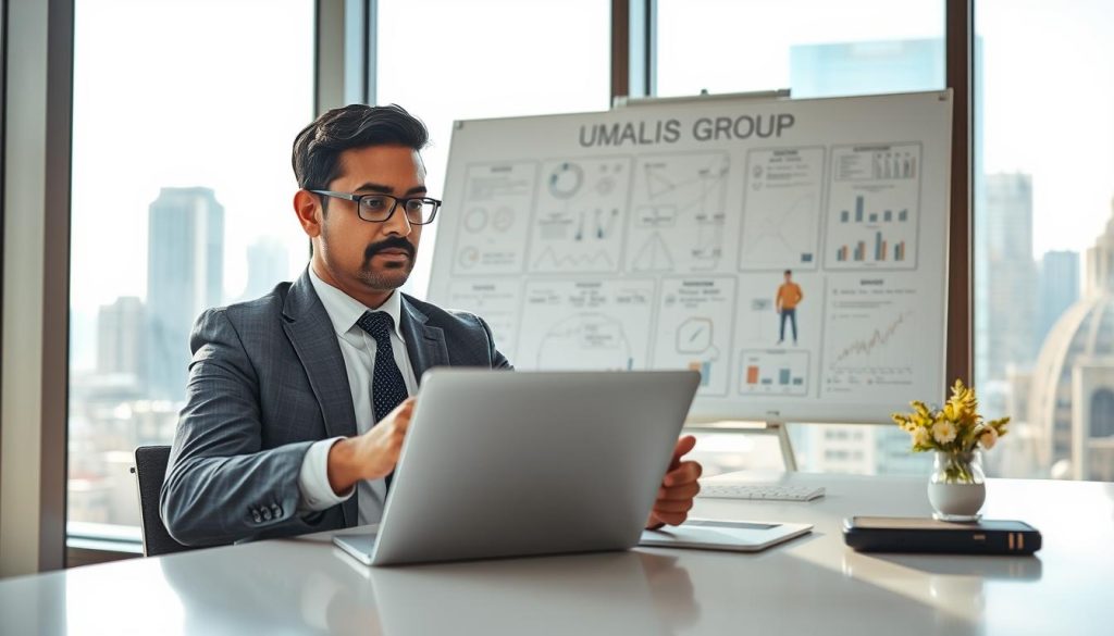 A modern office scene depicting a professional consultant working on artificial intelligence solutions for businesses. In the foreground, a well-dressed consultant, a middle-aged South Asian male, is seated at a sleek desk, analyzing data on a laptop with a digital tablet beside him. He has a thoughtful expression as he reviews AI models and business strategies. The middle ground features a large whiteboard filled with diagrams, charts, and the brand name "UMALIS GROUP" prominently displayed. In the background, large windows reveal a bustling city skyline under bright, natural light, creating a dynamic atmosphere. The overall mood is professional and innovative, highlighting the intersection of AI and business consultancy. The image should have a balanced composition, with soft, warm lighting to evoke a sense of collaboration and creativity. A modern office scene depicting a professional consultant working on artificial intelligence solutions for businesses. In the foreground, a well-dressed consultant, a middle-aged South Asian male, is seated at a sleek desk, analyzing data on a laptop with a digital tablet beside him. He has a thoughtful expression as he reviews AI models and business strategies. The middle ground features a large whiteboard filled with diagrams, charts, and the brand name "UMALIS GROUP" prominently displayed. In the background, large windows reveal a bustling city skyline under bright, natural light, creating a dynamic atmosphere. The overall mood is professional and innovative, highlighting the intersection of AI and business consultancy. The image should have a balanced composition, with soft, warm lighting to evoke a sense of collaboration and creativity.