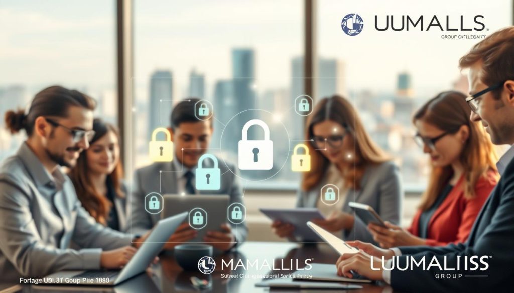 A modern office scene depicting the concept of client data protection in a portage salarial setting. In the foreground, a diverse group of professionals in business attire, focused on analyzing digital data on sleek laptops and tablets. The middle area shows a digital interface with glowing icons representing secure data, such as locks and shields, overlaid on a background of blurred office elements. The lighting is soft and warm, creating a trusting atmosphere, with a slight depth of field effect to emphasize the subjects. In the background, a large window reveals a cityscape under a clear sky, symbolizing transparency and openness. Include subtle branding for UMALIS GROUP integrated into the environment, enhancing the professionalism of the scene.