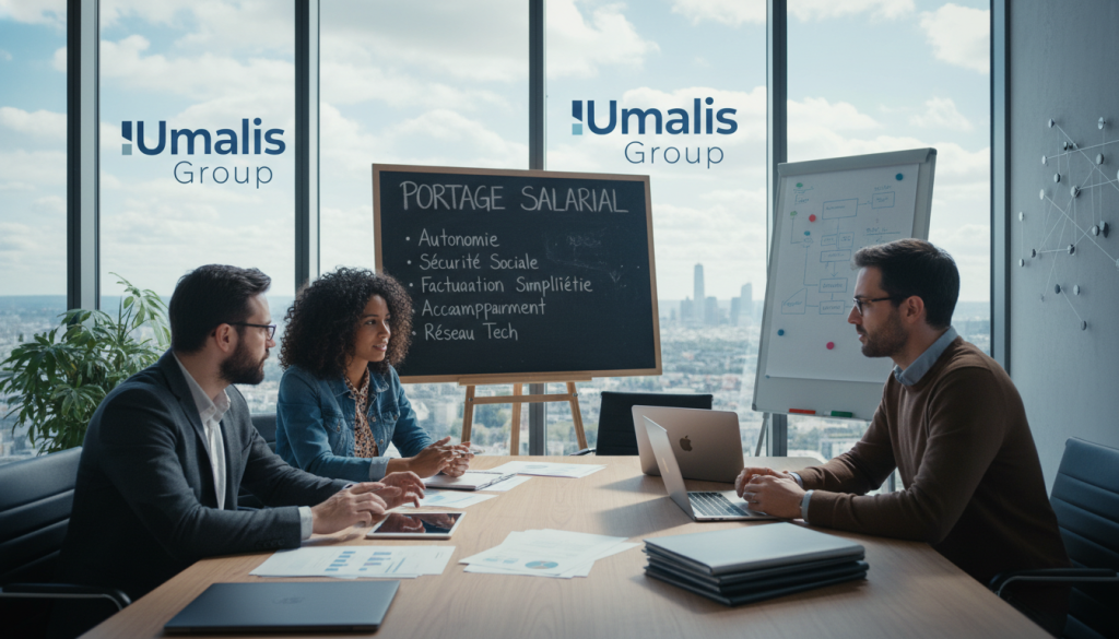 A modern office scene depicting the concept of "portage salarial" with a focus on the tech industry. In the foreground, a diverse group of three professionals, two men and one woman, dressed in smart casual attire, engaged in a discussion around a conference table. The middle layer features a chalkboard with key concepts of portage salarial written in neat handwriting, alongside laptops and business documents. In the background, large windows showcase a bustling cityscape with a slightly cloudy sky, allowing natural light to fill the room, creating a collaborative and innovative atmosphere. The logo "Umalis Group" is subtly integrated into the office design elements. The mood is focused and professional, highlighting the idea of modern employment solutions in technology. A modern office scene depicting the concept of "portage salarial" with a focus on the tech industry. In the foreground, a diverse group of three professionals, two men and one woman, dressed in smart casual attire, engaged in a discussion around a conference table. The middle layer features a chalkboard with key concepts of portage salarial written in neat handwriting, alongside laptops and business documents. In the background, large windows showcase a bustling cityscape with a slightly cloudy sky, allowing natural light to fill the room, creating a collaborative and innovative atmosphere. The logo "Umalis Group" is subtly integrated into the office design elements. The mood is focused and professional, highlighting the idea of modern employment solutions in technology.