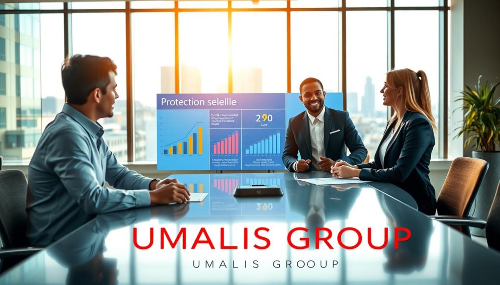 A modern office scene depicting the concept of "protection sociale" in a vibrant, professional atmosphere. In the foreground, a diverse group of three professionals, two men and one woman, are engaged in a collaborative discussion around a sleek conference table, dressed in business attire. The middle ground features a digital display showcasing graphs and figures related to employee benefits. In the background, large windows let in warm, natural light, illuminating the contemporary office with a city skyline visible outside. The mood is one of optimism and camaraderie, representing the advantages of social protection for employees compared to independent workers. Soft focus on the environment enhances the clarity of the subjects, showcasing the brand name "UMALIS GROUP" subtly integrated into the workspace elements.