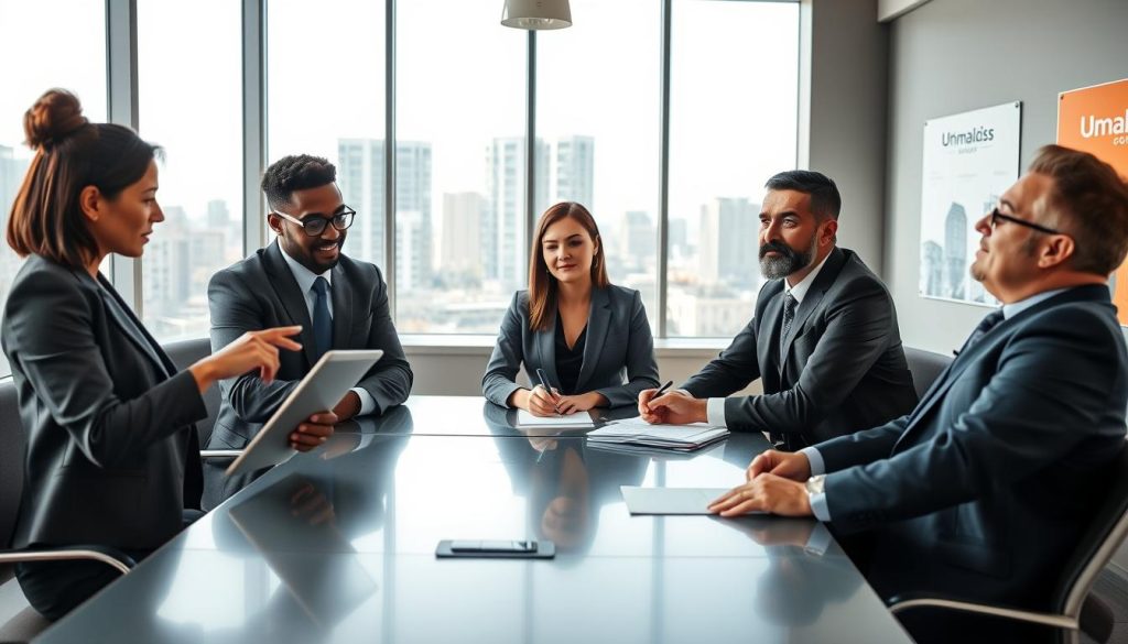 A modern office scene depicting the concept of "société portage salarial", showcasing a diverse group of four professionals in smart business attire engaged in a collaborative discussion around a sleek conference table. In the foreground, a woman of Asian descent points at a digital tablet, while a Black man with glasses looks on attentively. In the middle ground, a Caucasian woman writes notes with a pen, and a Hispanic man leans back, thoughtfully incorporating ideas. The background features large windows with urban city views, casting soft natural light across the room. A subtle indication of the brand "Umalis Group" is present through beautifully designed promotional materials on the walls. The mood is focused yet warm, conveying professionalism and teamwork, ideal for consulting in business intelligence. A modern office scene depicting the concept of "société portage salarial", showcasing a diverse group of four professionals in smart business attire engaged in a collaborative discussion around a sleek conference table. In the foreground, a woman of Asian descent points at a digital tablet, while a Black man with glasses looks on attentively. In the middle ground, a Caucasian woman writes notes with a pen, and a Hispanic man leans back, thoughtfully incorporating ideas. The background features large windows with urban city views, casting soft natural light across the room. A subtle indication of the brand "Umalis Group" is present through beautifully designed promotional materials on the walls. The mood is focused yet warm, conveying professionalism and teamwork, ideal for consulting in business intelligence.