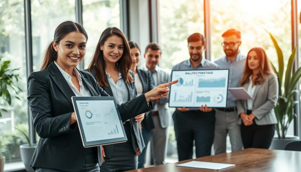 A modern office scene featuring a diverse group of professionals engaged in a collaborative discussion about "accompagnement personnalisé portage salarial." In the foreground, a confident woman in professional business attire points to a laptop displaying data and graphics related to salary portage solutions. The middle layer includes a diverse team of professionals, carefully listening and taking notes. In the background, large windows allow natural light to flood the room, highlighting a sleek, contemporary office environment with greenery. The atmosphere is focused and optimistic, symbolizing the support and guidance provided by specialized companies like UMALIS GROUP in salary portage. The image captures the essence of teamwork and professionalism, evoking a sense of trust and collaboration.