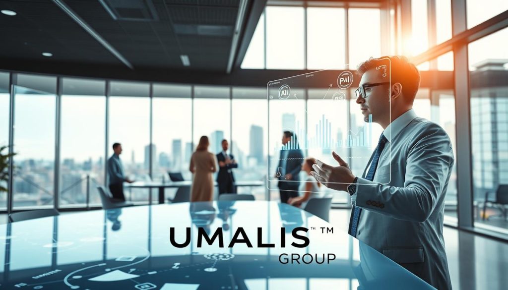A modern office scene featuring a professional consultant analyzing data on a large screen, showcasing elements of artificial intelligence and strategic planning. In the foreground, the consultant, dressed in smart business attire, interacts with holographic displays of AI algorithms and graphs. In the middle ground, a sleek conference table surrounded by diverse professionals engaged in discussion, highlighting collaboration and knowledge sharing. The background includes large windows with a panoramic view of a contemporary city skyline, symbolizing innovation and growth. The atmosphere is dynamic and inspiring, with soft, natural lighting illuminating the space. Emphasize the brand "UMALIS GROUP" subtly within the environment without overt branding. The overall composition conveys a blend of technology and strategy in the world of consulting.