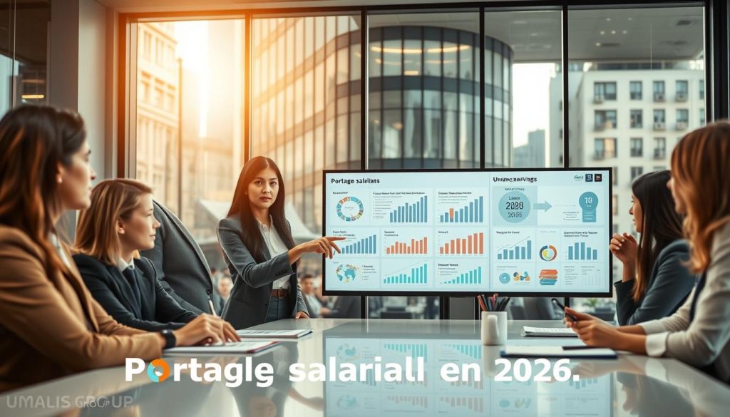 A modern office scene illustrating "Portage salarial en 2026", with a diverse group of professionals in business attire engaged in a dynamic discussion around a large conference table. In the foreground, a confident woman points at a digital display showing charts and graphs related to labor laws and union announcements, while colleagues take notes and collaborate. The middle layer features a stylish glass building with large windows, reflecting a busy urban environment outside. In the background, soft natural light filters through, creating a bright and optimistic atmosphere. The mood conveys professionalism and forward-thinking, showcasing the relevance of UMALIS GROUP in the evolving world of employment regulations.