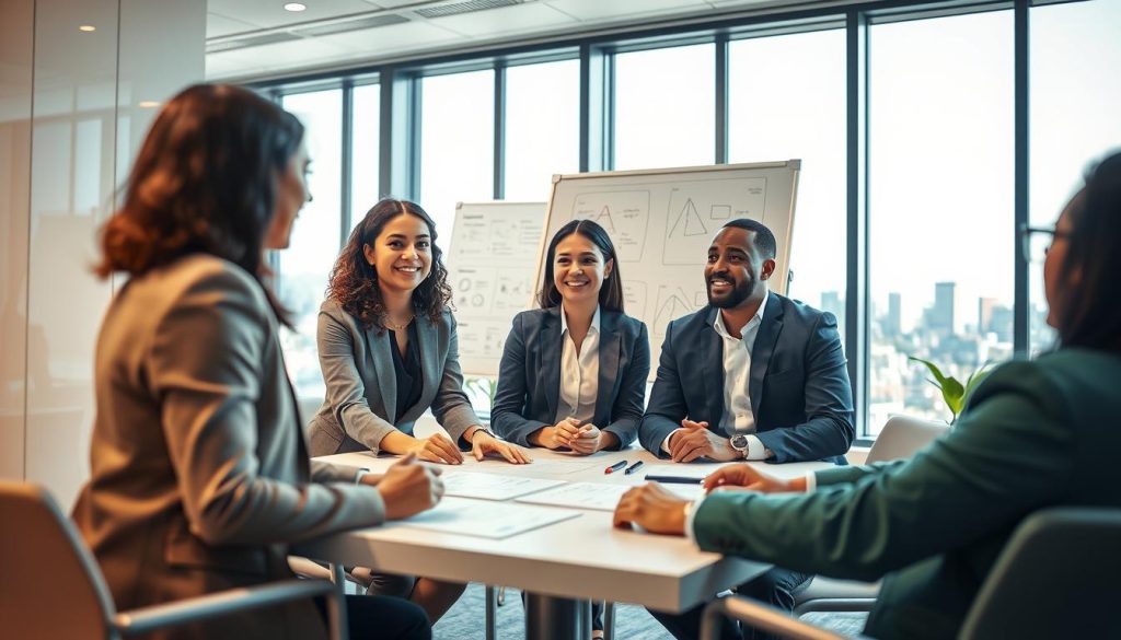 A modern office scene illustrating effective communication in a portage salarial setup. In the foreground, a diverse group of three professionals—two women and one man—are engaged in a discussion around a table. They are dressed in smart business attire, exhibiting expressions of collaboration and focus. The middle ground features a large whiteboard filled with diagrams and notes, signifying project management strategies. In the background, large windows let in natural light, offering a view of a cityscape, suggesting an urban work environment. The atmosphere is vibrant and motivating, with a color palette of blues and greens to evoke a sense of professionalism and teamwork. The lighting is warm and inviting, captured from a slightly elevated angle to provide a comprehensive view of the scene. A modern office scene illustrating effective communication in a portage salarial setup. In the foreground, a diverse group of three professionals—two women and one man—are engaged in a discussion around a table. They are dressed in smart business attire, exhibiting expressions of collaboration and focus. The middle ground features a large whiteboard filled with diagrams and notes, signifying project management strategies. In the background, large windows let in natural light, offering a view of a cityscape, suggesting an urban work environment. The atmosphere is vibrant and motivating, with a color palette of blues and greens to evoke a sense of professionalism and teamwork. The lighting is warm and inviting, captured from a slightly elevated angle to provide a comprehensive view of the scene.