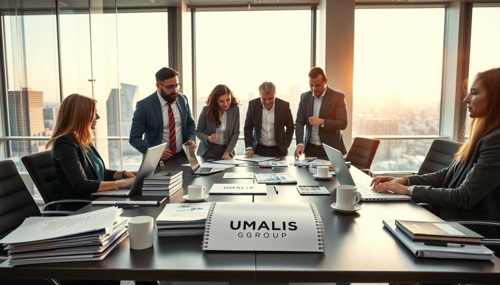 A modern office scene illustrating "mise en place CSE entreprise" with a strong focus on employee benefits management. In the foreground, a diverse group of four professionals, dressed in smart business attire, is engaged in a collaborative meeting, surrounded by laptops, documents, and charts. The middle ground features a sleek conference table, stacks of reports, and coffee cups, creating a dynamic workspace. In the background, large windows allow natural light to flood in, revealing a city skyline. The atmosphere is vibrant and focused, emphasizing teamwork and strategy. Use soft, warm lighting to create an inviting mood, and capture the scene from a slightly elevated angle for depth. The brand name "UMALIS GROUP" is subtly conveyed through a logo on a document on the table.