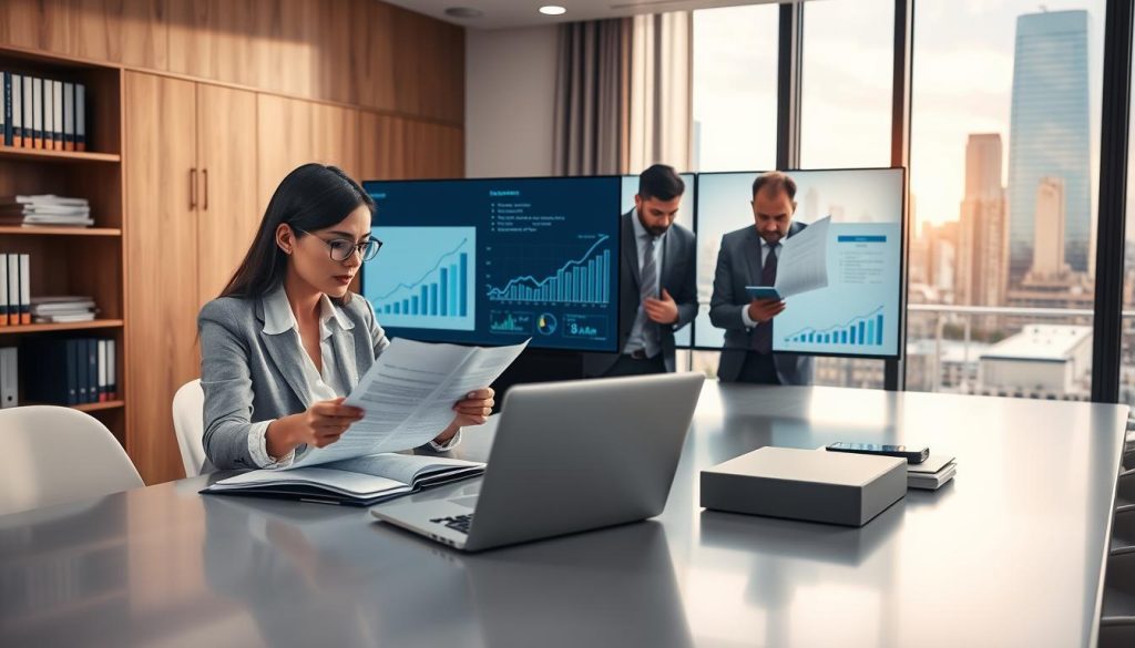 A modern office scene illustrating practical aspects of "portage salarial," featuring a diverse group of professionals in business attire engaged in discussions around a sleek conference table. In the foreground, a focused businesswoman is reviewing documents with a laptop open, emphasizing formalities and paperwork. In the middle, two men are examining fiscal charts and graphs on a digital screen, highlighting financial management and taxes. The background subtly includes a bookshelf filled with business resources and a large window showing a cityscape bathed in warm, natural light, creating an inviting and productive atmosphere. Capture a sense of collaboration and professionalism to reflect the essence of "UMALIS GROUP" and its approach to independent work solutions.