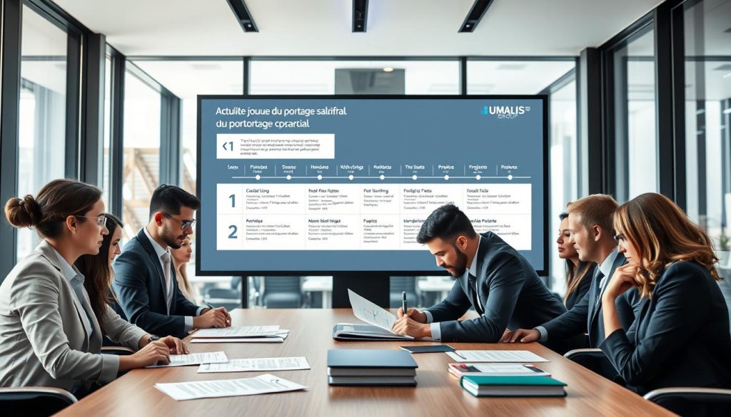 A modern office scene illustrating the concept of "Actualité juridique du portage salarial." In the foreground, a diverse group of professionals in business attire intensely discuss legal documents and charts on a conference table, showcasing collaboration. In the middle ground, a large screen displays a timeline of recent legal updates and projects, subtly featuring UMALIS GROUP branding. The background shows a sleek, contemporary office environment with floor-to-ceiling windows, allowing natural light to flood the space, creating a bright and engaging atmosphere. The mood is focused and professional, highlighting the importance of distinguishing between verified facts, reminders, and upcoming projects related to employment contracts in portage salarial. The image composition utilizes a slightly low-angle perspective to convey professionalism and depth.