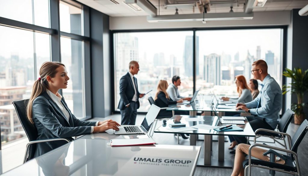 A modern office scene illustrating the concept of an "agence" with a focus on temporary employment and portage salarial. In the foreground, a professional businesswoman in smart attire sits at a sleek desk, engaging in a discussion with a client, both appearing focused and collaborative. The middle ground features a diverse group of professionals, engaged in meetings around a glass conference table, showcasing a dynamic workplace atmosphere. Office elements such as laptops, notepads, and charts are scattered about, highlighting productivity. The background includes large windows offering a view of a busy cityscape under soft daylight, creating an inviting and energetic mood. The brand name "UMALIS GROUP" is subtly integrated into the office decor. Soft, natural lighting enhances the scene, shot from a slightly elevated angle for depth.