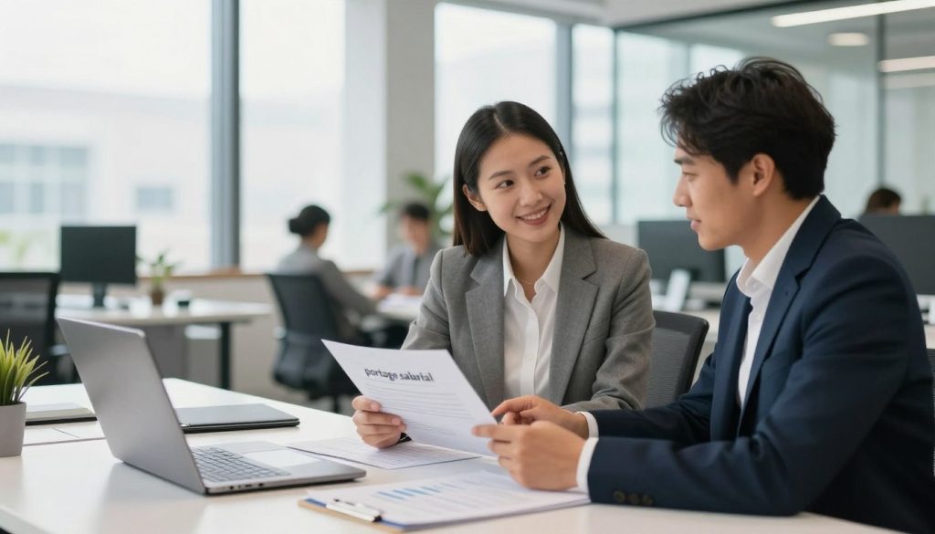 A modern office scene illustrating the concept of "portage salarial" and its advantages for freelancers. In the foreground, a diverse group of three professionals in business attire, engaged in a collaborative discussion while reviewing documents and a laptop. The middle ground features a sleek office desk with business tools like a digital tablet and financial documents. In the background, large windows allow natural light to flood the space, enhancing the productive atmosphere. The mood should be optimistic and empowering, emphasizing security and flexibility in freelance work. The composition should be well-lit, with a focus on the interactions among the individuals, capturing their expressions of confidence and determination in their careers. A modern office scene illustrating the concept of "portage salarial" and its advantages for freelancers. In the foreground, a diverse group of three professionals in business attire, engaged in a collaborative discussion while reviewing documents and a laptop. The middle ground features a sleek office desk with business tools like a digital tablet and financial documents. In the background, large windows allow natural light to flood the space, enhancing the productive atmosphere. The mood should be optimistic and empowering, emphasizing security and flexibility in freelance work. The composition should be well-lit, with a focus on the interactions among the individuals, capturing their expressions of confidence and determination in their careers.