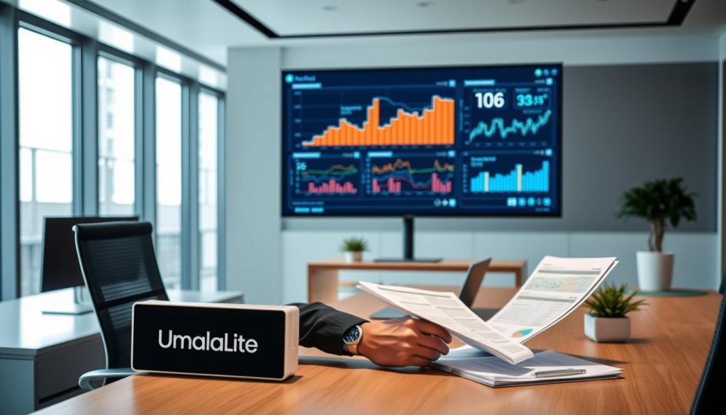 A modern office scene showcasing the concept of "salaire portage salarial". In the foreground, a well-dressed professional is reviewing financial documents, with the Umalis Group logo prominently displayed on the desk. The middle ground features a large computer monitor displaying graphs and charts, highlighting the data-driven nature of managing salaries and finances. The background depicts a sleek, minimalist office environment with floor-to-ceiling windows, allowing natural light to flood the space and create a sense of sophistication and productivity. The overall atmosphere conveys a sense of financial expertise, control, and optimization, aligning with the guide's subject matter.