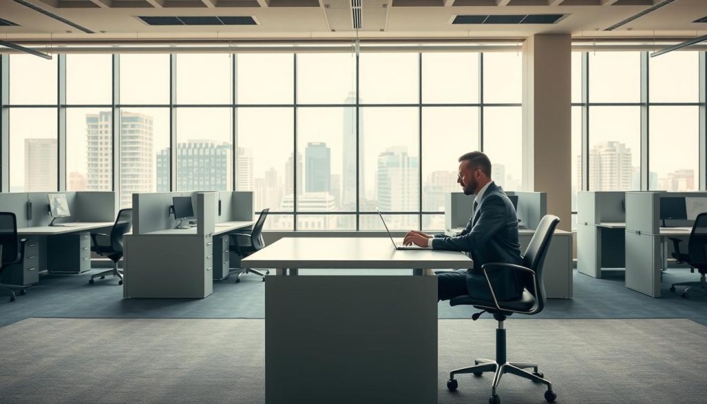 A modern office scene showcasing the contrasting employment models of traditional employment and the emerging "portage salarial" system. In the foreground, a professional in business attire sits at a sleek, minimalist desk, laptop open, exemplifying the independent, flexible nature of the portage salarial approach. In the middle ground, traditional cubicles and desks suggest the more rigid structure of a conventional workplace. The background features large windows offering an urban cityscape, conveying a sense of progress and evolution in the employment landscape. Bright, warm lighting casts a professional, productive atmosphere, while a muted color palette of grays, blues, and whites maintains a clean, sophisticated tone.