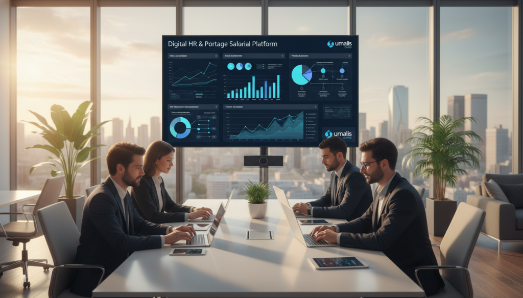 A modern office scene showcasing the theme of digital transformation in HR and portage salarial. In the foreground, a diverse group of professionals, dressed in business attire, are engaged in a collaborative discussion around a sleek table with digital devices such as laptops and tablets displaying graphs and analytics. The middle layer features a large screen on the wall displaying dynamic data visualizations related to HR metrics. The background is filled with contemporary office elements, large windows letting in warm sunlight, and plants for a touch of life. The mood is energetic and innovative, highlighting organizational flexibility. The Umalis Group logo subtly integrated into the digital displays enhances the theme of modern HR solutions. Soft, inviting lighting sets a professional atmosphere, captured from a slightly elevated angle for a broad perspective.