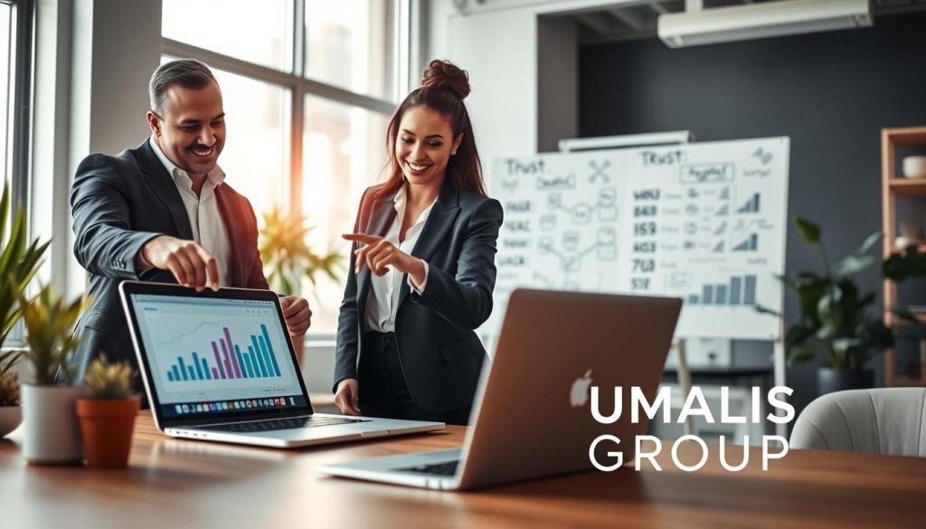 A modern office scene showing a confident, diverse team of professionals collaborating on a digital project. In the foreground, two individuals, a man and a woman, are pointing at a laptop screen displaying analytics, dressed in professional attire—suits and blouses. The middle ground features a large whiteboard filled with creative ideas and strategies, subtly highlighting the theme of trust and partnership. The background includes soft-focus elements of the office, such as plants and contemporary decor, creating a welcoming and innovative atmosphere. Natural light comes through large windows, casting a warm glow on the scene. This image embodies collaboration and trust as a vital aspect of web agencies, with "UMALIS GROUP" subtly reflected in a modern logo style on a shared document in the foreground.