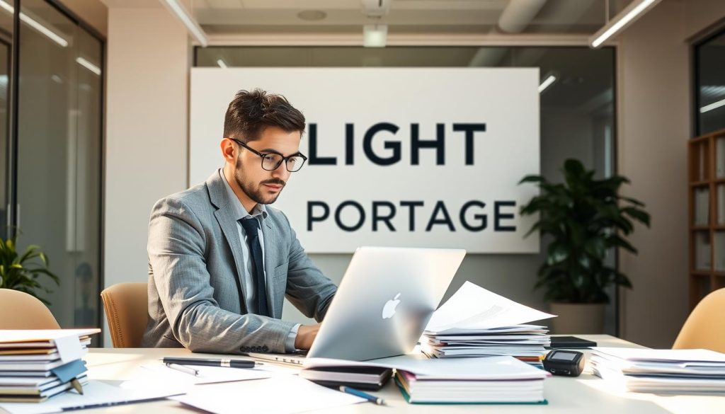 A modern office scene with a businessperson working intently on a laptop, surrounded by paperwork and administrative supplies. The lighting is bright and natural, casting a warm glow. In the background, a large LIGHT PORTAGE logo is prominently displayed, emphasizing the company's role in providing administrative and business support services for digital professionals. The overall atmosphere conveys a sense of efficiency, focus, and the seamless integration of technology and traditional office tasks.