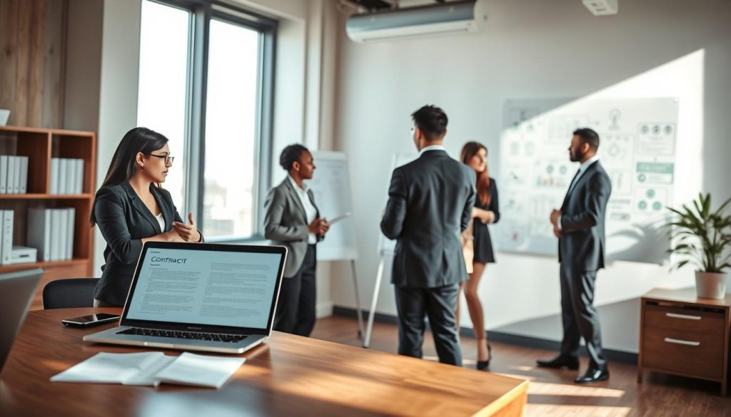 A modern office setting as the backdrop, featuring a well-organized workspace with a wooden desk and a laptop open to a digital contract. In the foreground, a diverse group of business professionals in smart business attire, a woman of East Asian descent and a man of Black descent, are actively discussing details of a contract. The middle ground showcases a whiteboard filled with flowcharts and notes about administrative processes. Soft, natural light streams in from large windows, casting gentle shadows on the floor. The atmosphere is focused and collaborative, emphasizing the importance of understanding administrative and contractual aspects of "portage salarial." The scene captures a professional yet approachable mood, reflecting a contemporary business environment.