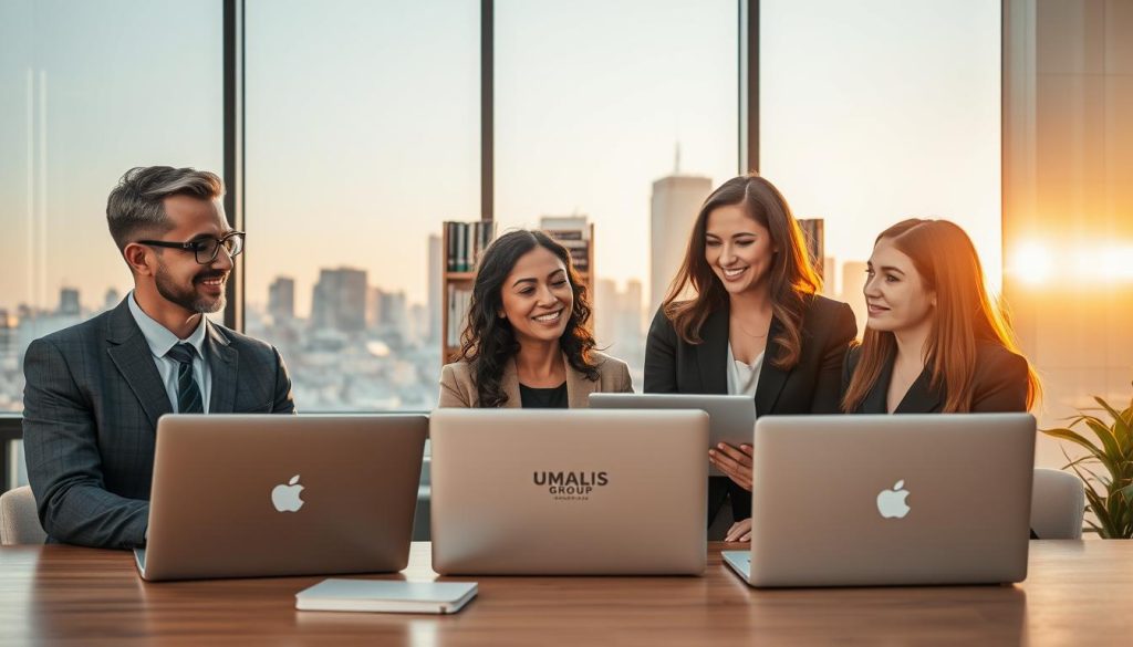 A modern office setting, clearly illustrating the concept of "portage salarial." In the foreground, a diverse group of three professionals (a man and two women) in smart business attire, engaged in a discussion with laptops open in front of them. Their expressions reflect collaboration and focus. In the middle ground, shelves filled with business books and inspirational quotes about entrepreneurship. The background features a large window with a city skyline view, during the golden hour, casting warm light that creates an inviting atmosphere. Soft shadows and highlights emphasize the professionalism and warmth of the scene. Include the UMALIS GROUP logo tastefully on the laptops or a notepad without making it a focal point. The overall mood is optimistic and empowering, symbolizing the benefits of portage salarial in the modern workforce.