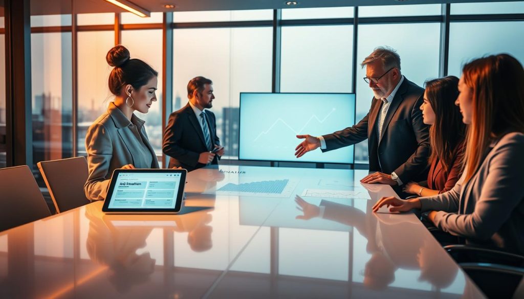 A modern office setting depicting a diverse group of professional consultants engaged in a discussion around a sleek, high-tech table. In the foreground, a young woman in professional attire is analyzing a digital tablet displaying a "salary simulation" interface, while a middle-aged man in a business suit points to graphs on a futuristic screen in the background. Warm, ambient lighting creates a collaborative atmosphere, emphasizing teamwork and innovation. Large windows reveal a city skyline, adding depth to the background. The overall mood is focused and dynamic, conveying a sense of purpose and professionalism. Include a subtle logo of "UMALIS GROUP" on a display screen.
